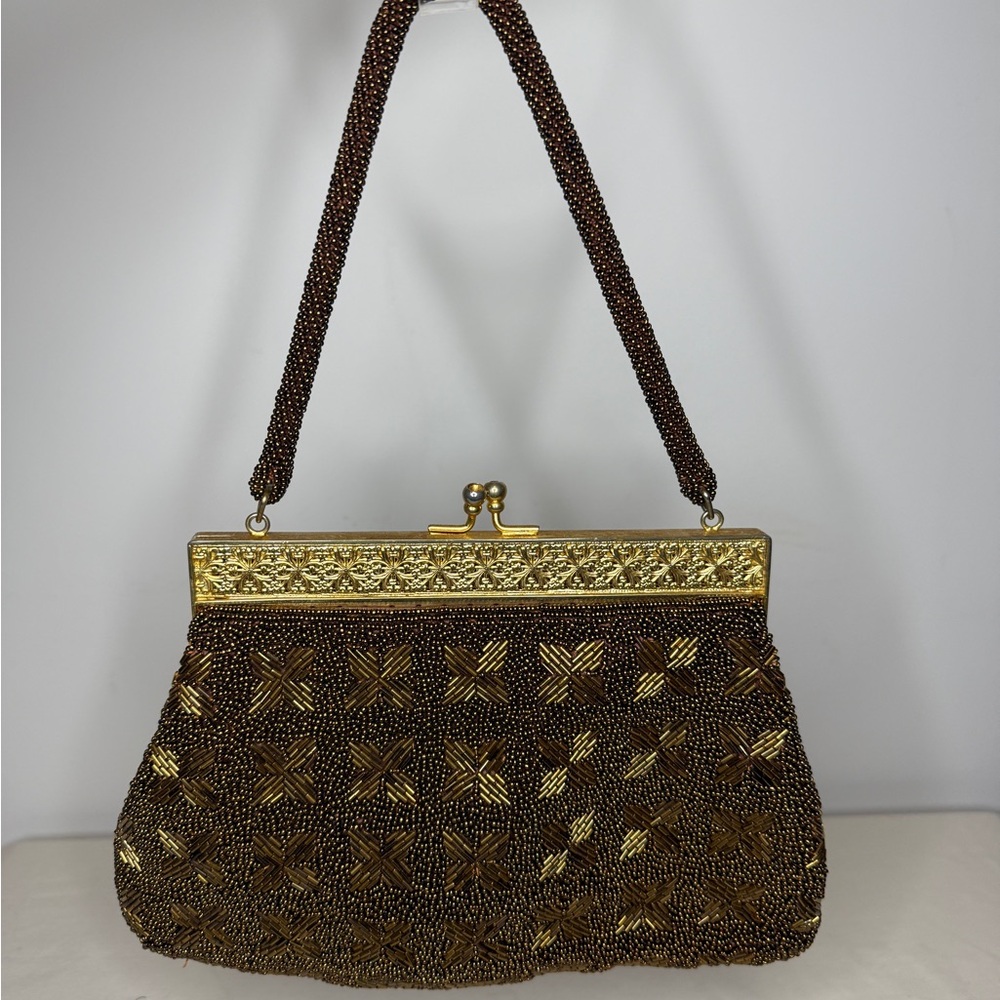 Elegant Brown and Gold Beaded Handbag
